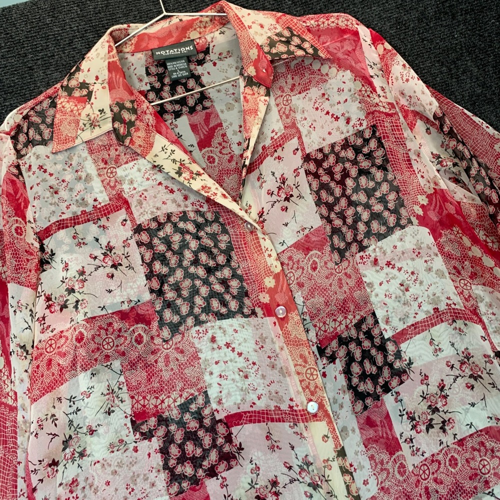 Patchwork Sheer Floral Blouse L Red Boho Button Down Top Cottagecore Fairy Layer